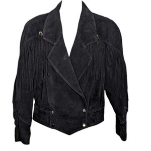 VTG Black Suede Fringe Silver Metal Embellished Double Breasted Leather Jacket